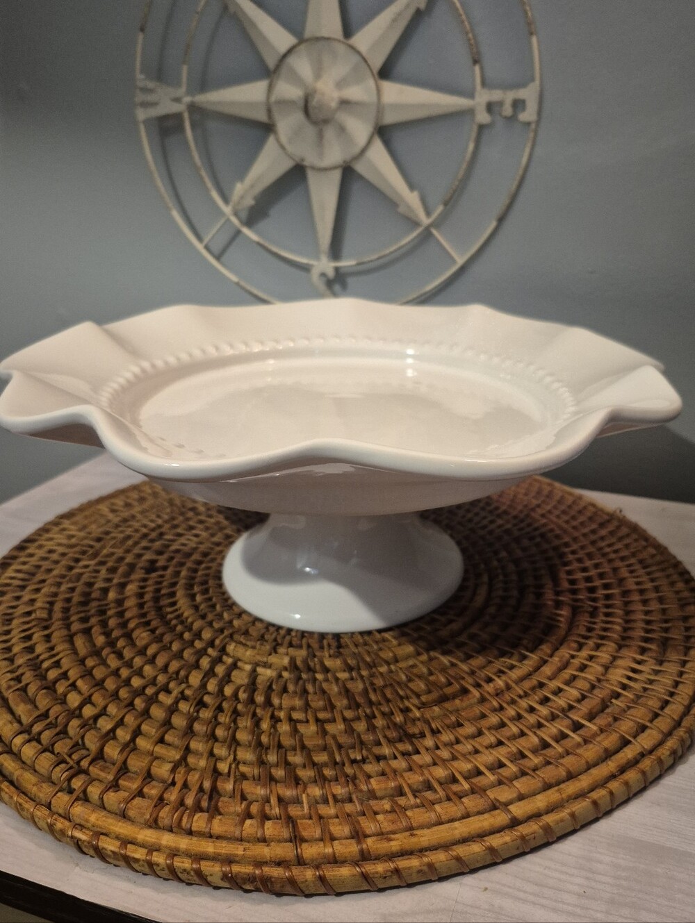 Ceriart White Earthenware Pedestal Cake Plate- Beaded Center, Ruffled Edges